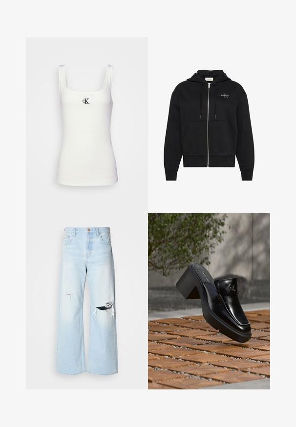 Sort hættetrøje med lynlås, frontlommer, snøre og lille Calvin Klein-logo på venstre bryst.; Hvid bomulds tanktop med firkantet udskæring og smalle stropper. Har et lille sort broderet CK-logo på forsiden.; Lyseblå brede jeans lavet af denim, med høj talje, store revner ved knæene og et klassisk fem-lomme design med kobberhardware.; Sort læder Calvin Klein slip-on mule med blokhæl, der hviler på trætøj udendørs nær en grøn plante og en grå væg.