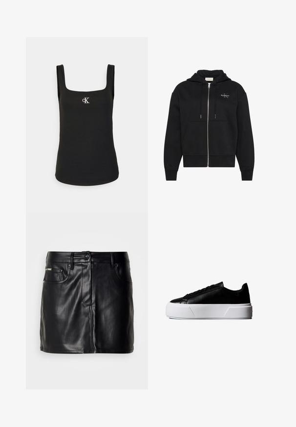 Sort hættetrøje med lynlås, frontlommer, snøre og lille Calvin Klein-logo på venstre bryst.; Sort ærmeløs ribbet tanktop med firkantet halsudskæring og lille hvidt CK-logo midt på brystet.; Sort læder mini-nederdel med skræddersyet design, der har forlommer, knaplukning og en glat overflade.; Sort lavt snøresko med tyk hvid platformsål og sorte snørebånd, sideprofil mod hvid baggrund.