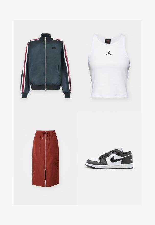 Tmavomodrá bunda na zips s vysokým golierom, s červeno-bielymi pásikmi na rukávoch, dvoma prednými vreckami a malým logom.; Biely crop tank top vyrobený z bavlny s rebrovanou textúrou. Obsahuje čierne logo Jordan v strede a klasický okrúhly výstrih.; Sukňa strednej dĺžky v terakotovo červenej farbe, s predným zipsom, elastickým pásom so šnúrkou a bočnými vreckami s geometrickým dizajnom.; Čierno-biele nízke tenisky Nike majú hladký kožený zvršok, okrúlu špičku, šnurovacie zapínanie a vzorovanú gumovú podrážku.