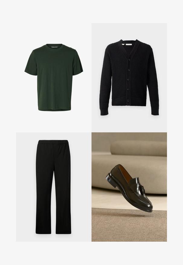 Cardigan negro de punto con un patrón texturizado, escote en V y seis botones frontales. Los puños y el dobladillo acanalados realzan el diseño general.; Camiseta verde oscuro de manga corta con cuello redondo, confeccionada en tejido liso con un dobladillo recto.; Pantalones negros de cintura elástica con un diseño de pierna recta. Hechos de tela suave, sin patrones ni adornos visibles.; Zapato mocasín de cuero negro con borlas flotando sobre una alfombra beige con un sofá beige al fondo.