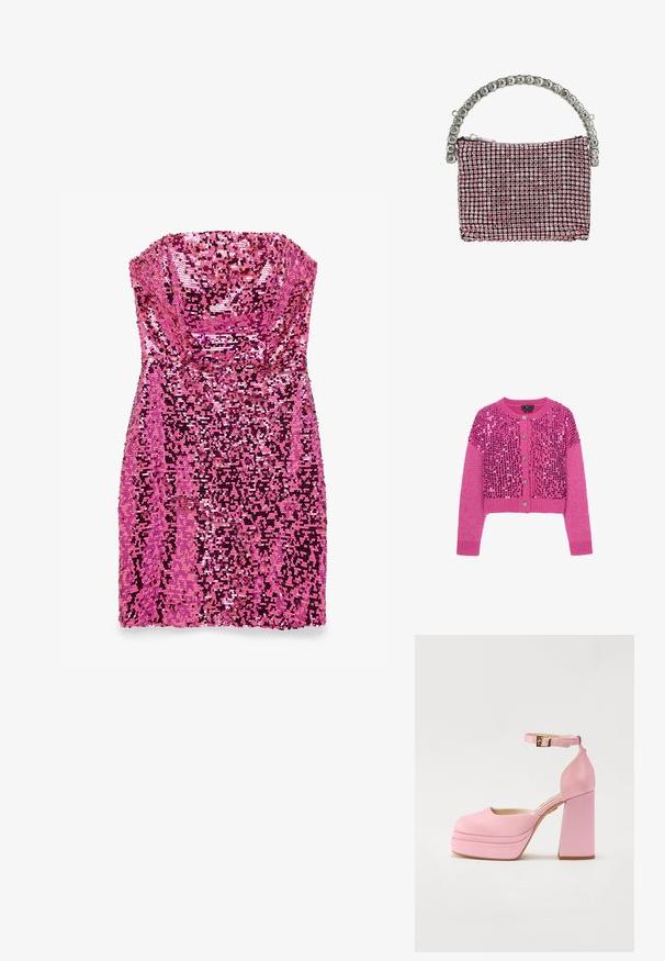 Roze gebreid vest met lange mouwen, zilveren knopen en glanzende roze pailletten die de voorkant en schouders bedekken.; Bandeau, korte roze jurk bedekt met glinsterende pailletten die een fonkelend, gestructureerd oppervlak creëren.; Roze hoge plateau schoenen met een ronde neus, enkelbandje en blokhak. Vloermateriaal met een subtiele textuur en gouden gespdetails.; Kleine handtas bezet met roze strass-steentjes en een gebogen handvat gemaakt van grote doorzichtige edelstenen.