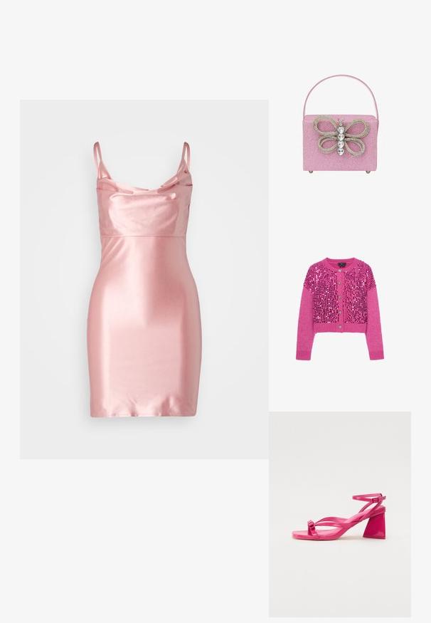 Pink langærmet strikket cardigan med sølvknapper og skinnende lyserøde pailletter, der dækker fronten og skuldrene.; Lyserød satin mini-kjole med spaghetti-stropper, draperet halsudskæring og en glat, skinnende tekstur. Tætsiddende silhuet og nederkanten falder til midt på låret.; Lyserøde patenterede læderhælede sandaler med firkantet tå, smalle stropper og en geometrisk blokhæl. Har en spænde detaljer på stroppen.; Lyserød glimmer håndtaske med et sommerfuglemotiv lavet af rhinsten, med en struktureret form og et enkelt top håndtag.