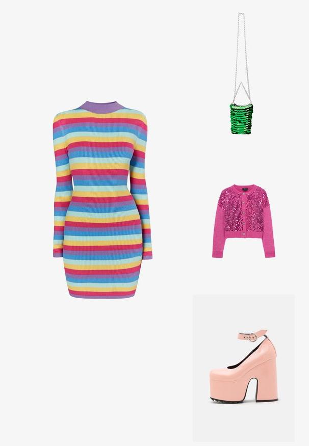 Pink langærmet strikket cardigan med sølvknapper og skinnende lyserøde pailletter, der dækker fronten og skuldrene.; Ribbet strikket kjole med lange ærmer, der har vandrette striber i pink, gul, blå og lilla. Høj hals med ribbet kant. Tætsiddende silhuet.; LAMODA POWER TRIP CHUNKY PLATFORM - Pumps - pink; Grøn sequined clutch taske med metalglans, prydet med en sølv kædetras og en rektangulær form, designet med overlappende cirkulære sequins.