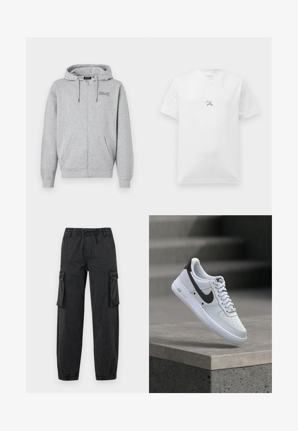Grijze hoodie met rits, gemaakt van een katoenmix. Voorzien van een capuchon met trekkoorden, twee zakken en een borduursel met logo aan de voorkant. Zacht van textuur.; Witte T-shirt met korte mouwen, versierd met kleine kleurrijke borduurwerk van gekruiste stokken en blauwe cursieve tekst in het midden van de borst.; Zwarte cargobroek van textuurstof met een elastische tailleband en trekkoord. Voorzien van zijzakken en elastische boorden bij de enkels.; Witte Nike Air Force 1 sneaker met zwart swoosh-logo, zwevend boven een betonnen richel met vervaagde trappen op de achtergrond.