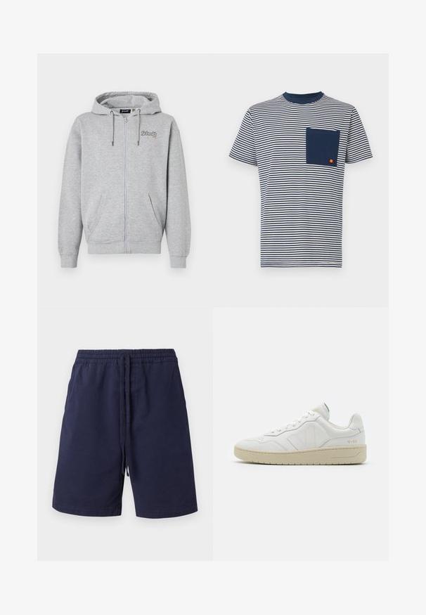 Sweat à capuche gris zippé en mélange de coton. Comprend une capuche avec cordons, deux poches et une broderie logo sur le devant. Texture douce.; Ellesse HIRST TEE - T-shirt imprimé - navy; Shorts bleu marine en coton, avec une taille élastique et un cordon de serrage, des poches latérales et une coupe droite. Pas de motifs.; Baskets en cuir blanc avec une finition texturée et un col rembourré. Elles sont dotées d'une semelle en caoutchouc beige et d'une discrète branding sur le talon et le côté.