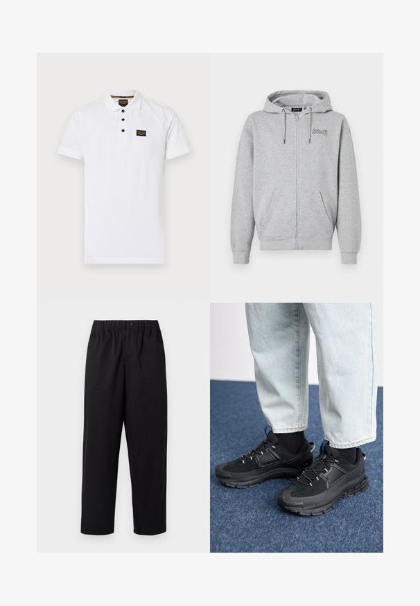 Grå hættetrøje med lynlås lavet af bomuldsblanding. Har hætte med snore, to lommer og broderet logo foran. Blød tekstur.; Hvid polo-shirt lavet af tekstureret bomuld, med en tre-knap lukning, korte ærmer og et sort logo-patch på brystet.; Sorte, vide ben bukser med elastisk talje og en enkelt knap. Lavet af et glat, letvægtsstof. Lige kant.; Sorte træningssko med tekstureret stof og gummisåler, udstyret med elastiske snørebånd og en blå detalje på hælen. Bæres med lyse denimbukser.