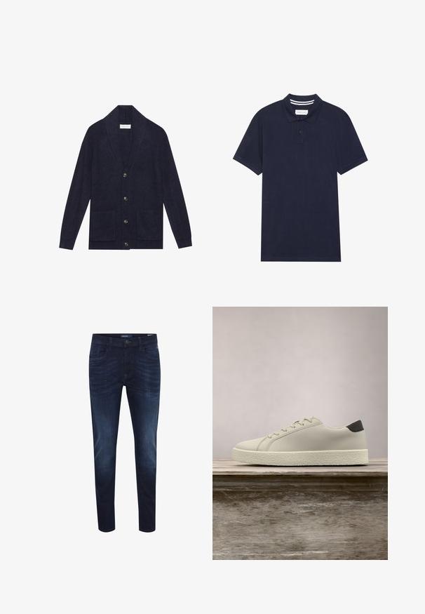Cardigan en maille navy avec un col châle, cinq boutons et deux poches avant. Il présente une texture côtelée et des manches longues.; Polo bleu marine en tissu texturé, doté d'une patte de boutonnage à trois boutons, de manches courtes et de détails de col rayés.; Jeans en denim bleu foncé avec une coupe slim, design à cinq poches, un léger effet délavé, fermeture à bouton et étiquette logo sur la taille arrière.; Baskets blanches avec semelle texturée et détail noir au talon, flottant au-dessus d'un banc en bois avec de hautes herbes vertes en arrière-plan.