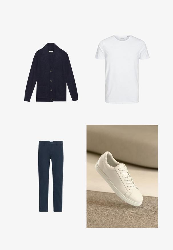 Mørkeblå strikket cardigan med sjalkrave, fem knapper og to forlommer. Har ribbet tekstur og lange ærmer.; Rundhals kortærmet t-shirt i ensfarvet hvid, lavet af blød bomuld, har et simpelt design uden synlige mønstre eller detaljer.; Mørkeblå chinos lavet af bomuldsblandingsstof, med knaplukning, lige ben og en glat tekstur uden mønstre eller accenter.; Hvide lædersneakers med hvide snørebånd, præsenteret på en beige tekstureret overflade og med en blødt uskarp baggrund.