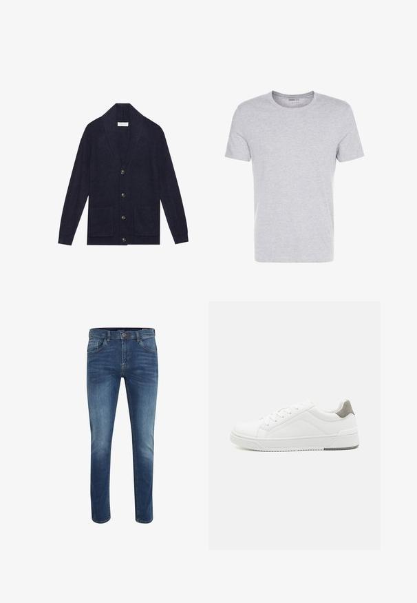Cárdigan de punto azul marino con cuello de chal, cinco botones y dos bolsillos frontales. Presenta textura acanalada y mangas largas.; Camiseta de algodón gris con cuello redondo, mangas cortas y un diseño liso, que presenta una textura suave y lisa, sin patrones ni adornos visibles.; Vaqueros de mezclilla azul de corte ajustado con un lavado medio, cinco bolsillos y costuras en contraste. Presentan un cierre de botón y trabillas para cinturón.; Zapatilla blanca con material de cuero liso, punta redonda, diseño minimalista, acento gris en el talón y suela de goma texturizada.