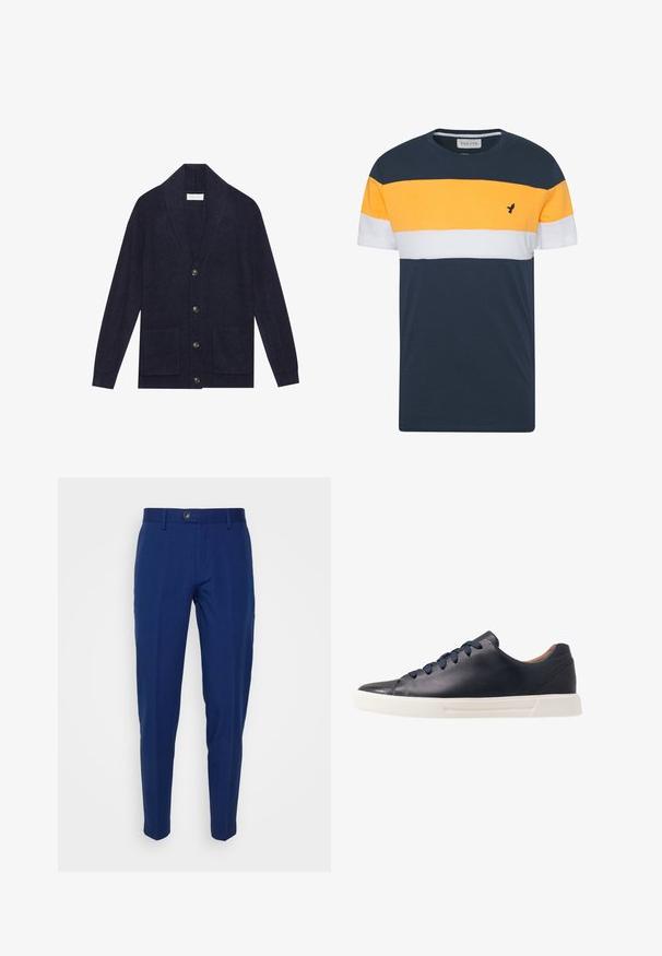 Marine gebreid cardigan met een sjawlkrgen, vijf knopen en twee voorkruimeldozen. Beschikt over een geribbelde textuur en lange mouwen.; Navyblauw katoenen T-shirt met gele, witte en navy horizontale strepen en een klein zwart vogellogo op de borst. Ronde halslijn.; Navyblauwe op maat gemaakte broeken van een gladde stof, met een knoopsluiting en een taps toelopende pasvorm. Geen patronen of extra accenten.; Marineblauwe leren sneakers met een gladde afwerking, platte witte rubberen zool, ronde neus en zes marineblauwe veters die door ronde oogjes zijn geregen.