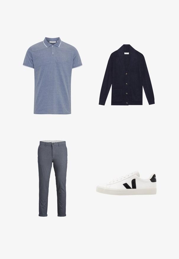 Marine gebreid cardigan met een sjawlkrgen, vijf knopen en twee voorkruimeldozen. Beschikt over een geribbelde textuur en lange mouwen.; Lichtblauw polo shirt van textuurstof, met een gebuttonneerde kraag, contrasterende witte bies op de kraag en mouwen, en een klein logo.; Heren pantalon in een donkerblauw visgraatpatroon, met een knoopsluiting, slank ontwerp en opgerolde manchetten. Gemaakt van lichte stof.; Witte leren sneaker met zwarte suède accenten; voorzien van een rubberen zool, ronde neus en een klassieke vetersluiting. Zijkant met logo in het zwart.