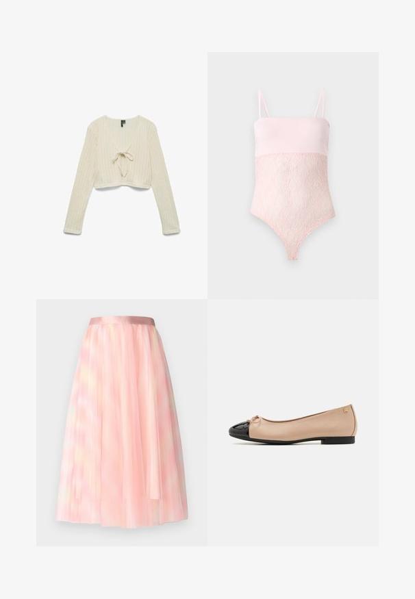 Cremefarvet, langærmet strikket cardigan med åben front bundet i sløjfe, med cropped længde og subtilt tekstureret mønster.; Lyserød blondebody med spaghettistropper og en glat topsektion mod en ensfarvet lys baggrund.; Ida Sjöstedt FLAWLESS SKIRT - A-snit nederdel - pink; Balletsko med en beige satin overdel, sort laklæder tåhætte, lille sløjfedetalje foran og en lav sort hæl.