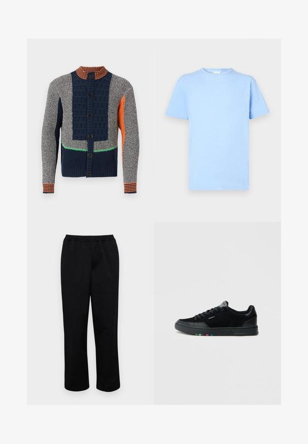 Cardigan boutonné avec motifs tricotés mixtes en bleu marine, gris, orange, et une rayure verte, doté d'un col côtelé haut et de manches longues.; T-shirt bleu clair à manches courtes fabriqué en tissu doux. Col rond, ourlet droit et texture minimale. Sans motifs ni accents.; Pantalons noirs mi-longs avec une taille élastique. Fabriqués en tissu lisse, présentant une coupe décontractée et sans poches ni embellissements visibles.; Baskets en daim noir à texture lisse, dotées d'une semelle en caoutchouc noire et d'accents multicolores sur le côté latéral de la semelle.