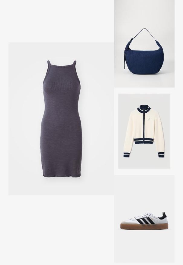 Ribbelgebreide ritssluiting jack in crème met marineblauwe accenten, voorzien van een hoge kraag, contrasterende gestreepte manchetten en een klein embleem op de borst.; Geribbelde bodycon jurk in donkerpaars, met dunne bandjes en een aansluitende pasvorm, gemaakt van een rekbare gebreide stof.; Witte leren sneakers met zwarte strepen, gumrubberen buitenzool, ronde neus, vetersluiting en een zachte grijze suède neuskap.; Blauwe leren schoudertas met een gebogen vorm, verstelbare schouderband, ritsluiting en een subtiele textuur. Heeft een minimalistisch ontwerp en geen zichtbare hardware.