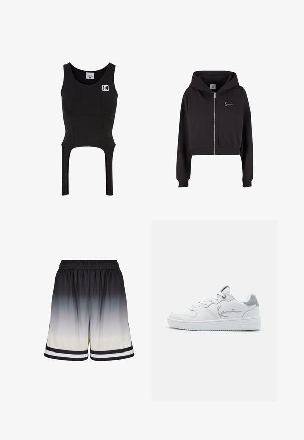 Schwarzer, cropped Hoodie aus weichem Material, mit einem Reißverschluss auf der Vorderseite, gerippten Bündchen und einem kleinen weißen Logo auf der linken Brust.; Schwarzes, ärmelloses Cropped-Top aus einem weichen, dehnbaren Stoff mit tailliertem Schnitt. Verfügt über ein Logo auf der Brust und Ausschnittdetails am Saum.; Sportliche Herren-Shorts im Farbverlauf von Schwarz zu Grau, aus atmungsaktivem Material, mit weißen Streifenakzenten am Saum und am Bund.; Weiße Sneaker aus Leder, mit runder Zehenpartie und Gummisohle. Verfügt über silberne Akzente und eine Signatur an der Seite. Klassisches Low-Top-Design.