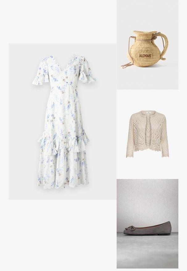 Cárdigan de punto en beige claro con patrones de calado, un cuello redondo, dobladillo en forma de concha y mangas de tres cuartos.; Vestido midi floral en azul claro y blanco con mangas abullonadas, escote en V y dobladillo con volantes, que presenta acentos y patrones en marrón oscuro dispersos.; Bailarinas de ante gris con puntera redonda, adorno de cuerda anudada y un sutil ribete en contraste a lo largo del borde. Suela plana y flexible.; Bolso redondo de paja tejido con asa de cuerda y "ALEMAIS" bordado en un lateral con hilo marrón.