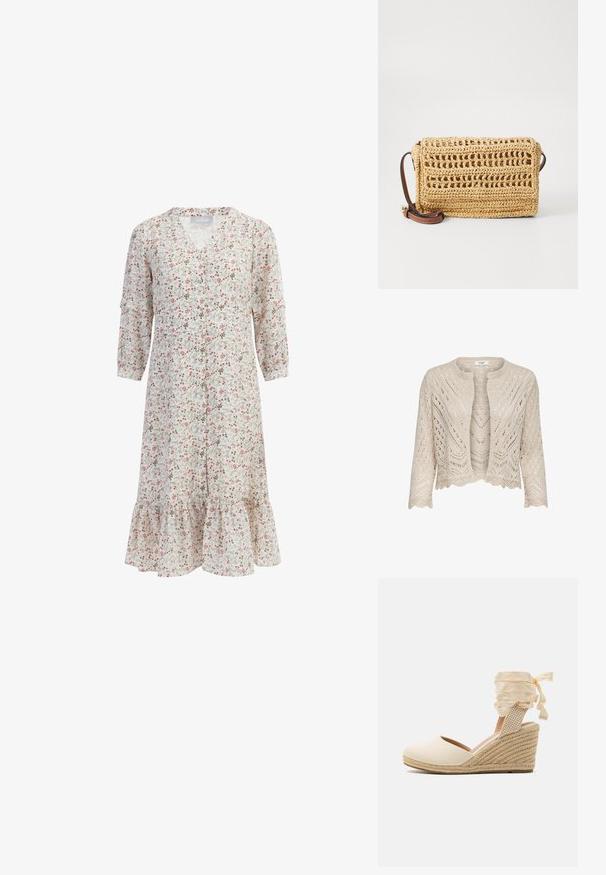 Strikket cardigan i lys beige med hulmønstre, rund halsudskæring, bølget kant og ¾ lange ærmer.; Blomstret kjole i let stof med trekvartærmer, V-udskæring og en flagrende sømkant med rynkede detaljer forneden.; Beige espadrille kile med overdel i kanvas, åben tå og bløde båndsnore. Teksturiseret jutekile med et fletmønster.; Vevet strå crossover taske i beige med en rektangulær form, der har et åbent vævemønster og en brun justerbar rem.