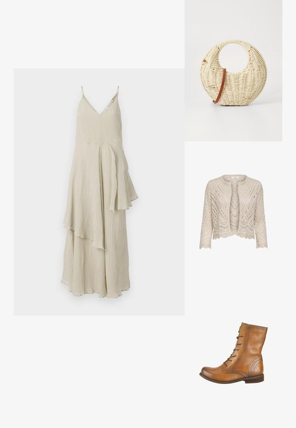 Cárdigan de punto en beige claro con patrones de calado, un cuello redondo, dobladillo en forma de concha y mangas de tres cuartos.; Vestido de color crema con escote en V, tirantes finos y un diseño fluido y en capas que presenta pliegues texturizados y dobladillos asimétricos.; Botas de cuero marrón hasta el tobillo con una textura suave, punta redondeada, seis ojales para cordones y un sutil logo grabado en el talón.; Bolso redondo trenzado en paja natural con un acabado texturizado. Presenta una correa de cuero marrón suave y un asa circular.