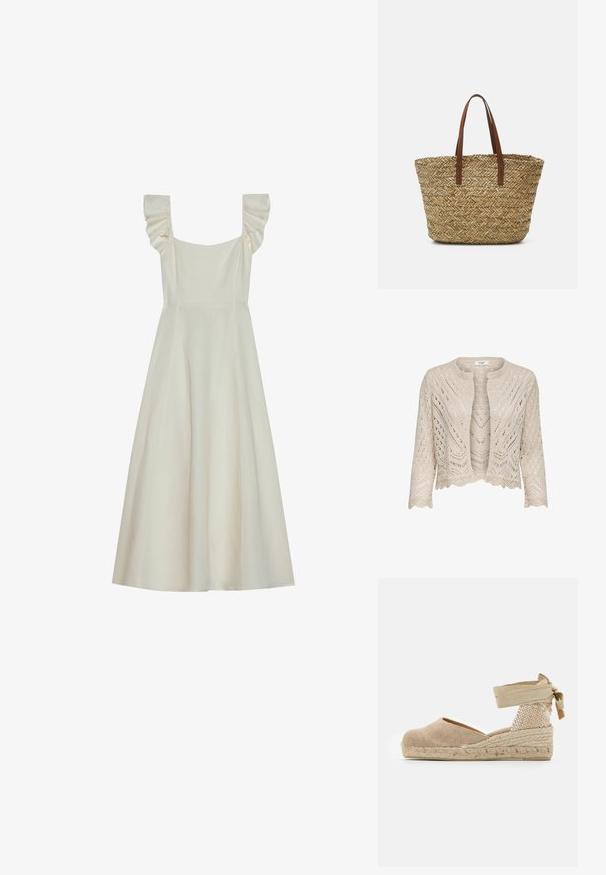 Cárdigan de punto en beige claro con patrones de calado, un cuello redondo, dobladillo en forma de concha y mangas de tres cuartos.; Vestido sin mangas de color crema con escote cuadrado y detalles de volantes en los hombros, que cuenta con un corsé ajustado y una falda acampanada.; Espadrille beige con parte superior de lona, tacón tejido texturizado y suela de yute trenzado; cuenta con una correa atada al tobillo para un ajuste seguro.; Bolso de tote de paja trenzada con asas de cuero marrón claro. Forma redondeada con un intrincado patrón de espiga en todo el cuerpo.