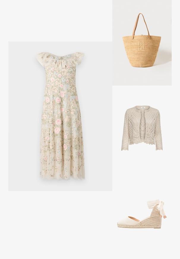 Cárdigan de punto en beige claro con patrones de calado, un cuello redondo, dobladillo en forma de concha y mangas de tres cuartos.; Vestido bordado con escote off-shoulder y volantes. Tejido beige adornado con patrones florales en rosa y azul, con una falda fluidas.; Cuña de espadrille de lienzo beige con un respaldo texturizado, cinta de tobillo en crema y suela de yute trenzado. Punta redondeada con un ligero tacón.; Bolsa tote beige de paja tejida con dos asas de cuero marrón claro y un monograma bordado sutil en el centro delantero.