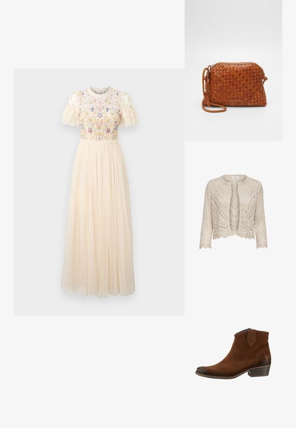 Strikket cardigan i lys beige med hulmønstre, rund halsudskæring, bølget kant og ¾ lange ærmer.; Cremefarvet midi kjole med korte, flæseærmer, blomsterbroderi på livstykket og et svævende, prikket gennemsigtigt nederdel.; Felmini STIEFELETTE - Cowboy- / bikerstøvlette - brown; Brun vævet læder crossover taske med lynlåslukning, rund form og en flettet skulderrem. Har en lille, rektangulær logoplade.