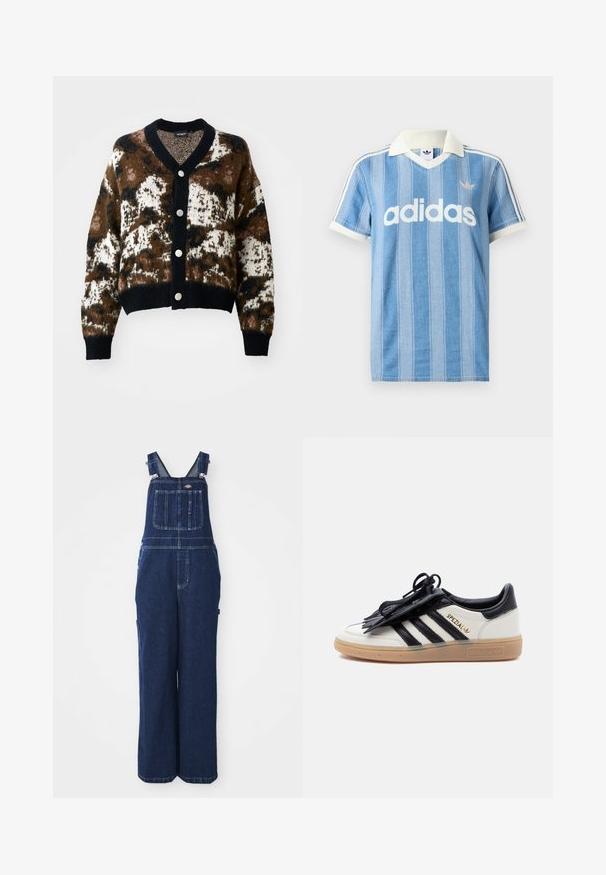 Gebreid vest in bruin, crème en zwart met een geometrisch patroon. Voorzien van een V-hals, knopen aan de voorkant en geribde manchetten en zoom.; Lichtblauw poloshirt met korte mouwen, verticale strepen, witte accenten en een opvallend wit "adidas"-logo aan de voorkant.; Denim tuinbroek in donkerblauw, voorzien van verstelbare banden, een borstzak, zijzakken en een losse, wijde pasvorm. Klassieke stikdetails.; Witte en zwarte Adidas Spezial sneaker met een gumzool, zwarte strepen en een zwarte veterhoes op een effen lichte achtergrond.