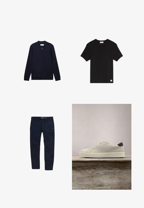 TOM TAILOR DENIM Sweatjacke - sky captain blue; Schwarzes Kurzarm-T-Shirt mit Rundhalsausschnitt und kleinem Calvin Klein Logo-Patch nahe dem unteren Saum auf weißem Hintergrund.; Marineblaue Baumwollhose mit geradem Schnitt. Verfügt über zwei Seitentaschen und einen Knopfverschluss. Minimalistisches Design mit dezenten Akzenten.; Weißer Sneaker mit strukturierter Sohle und schwarzem Absatzdetail, schwebend über einer Holzbank mit hohem grünem Gras im Hintergrund.