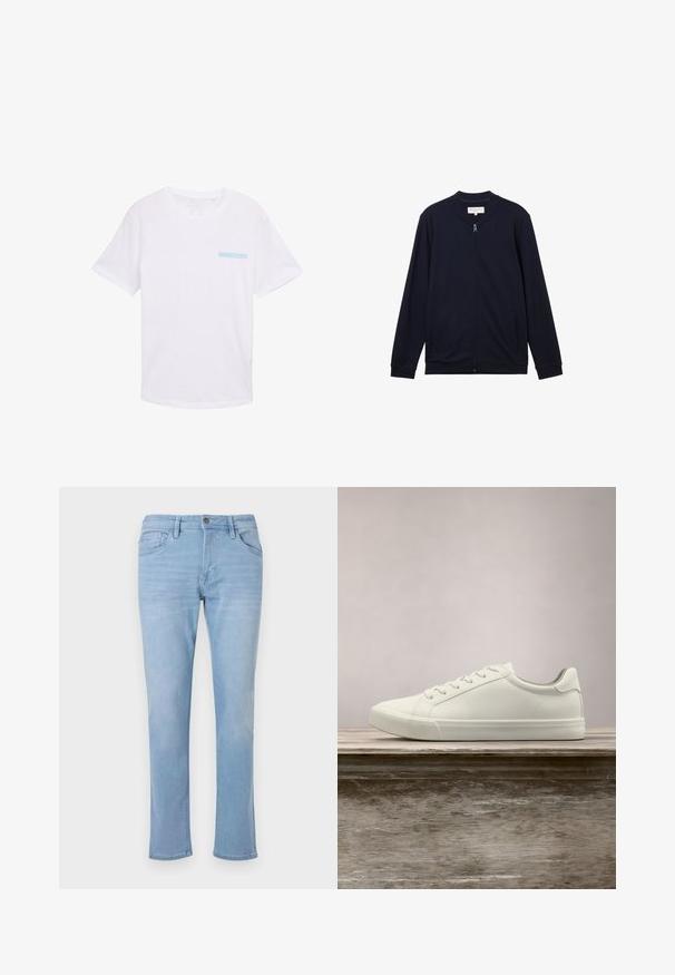 TOM TAILOR DENIM Sweat zippé - sky captain blue; T-shirt en coton blanc avec des manches courtes, un col rond et un imprimé rectangulaire bleu clair sur la zone gauche de la poitrine. Texture lisse.; Jean léger bleu clair en denim, avec une coupe droite, des poches avant et une fermeture à bouton. Texture déchirée sur le tissu.; Sneaker en dentelle blanche flottant au-dessus d'un banc en bois avec un feuillage vert en arrière-plan, mettant en valeur le design et la texture de la chaussure.