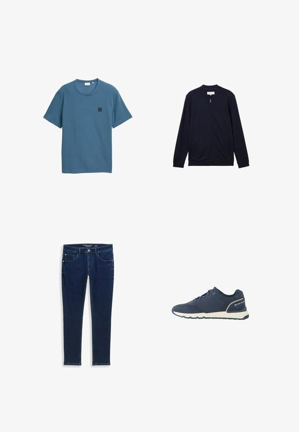 TOM TAILOR DENIM Sweater met rits - sky captain blue; Blauwe korte mouw t-shirt van een textuurstof, met een ronde halslijn en een vierkante logopatch op de linkerbovenborst.; Donkerblauwe denim jeans met een slim fit. Beschikt over vijf zakken, gestikte details en een knoopsluiting bij de taille.; Marineblauwe sportschoen met mesh bovenwerk, witte zool, zwarte loopzool en "Tom Tailor" logo op de hielkap.