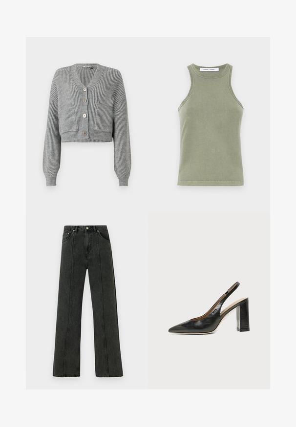 DRYKORN COOPIE - Cardigan - grey; Olivengrøn tanktop lavet af blødt bomuld, med rund halsudskæring, ærmeløs design og syede kanter. Enkel, tætsiddende form.; Højtaljede jeans med vide ben i mørkegråt denim. Har et klassisk fem-lomme-design og synlige syninger langs forreste sømme.; Sort læder peep-toe slingback sko med høj blokhæl og beige indvendig foring mod en ensfarvet lys baggrund.