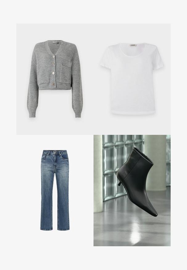DRYKORN COOPIE - Gilet - grey; T-shirt blanc à manches courtes en tissu doux, avec un col rond et un ourlet droit sans motifs ni accents visibles.; Jean droit en denim bleu avec taille haute, fermeture boutons, et poches avant, présentant un léger effet délavé et de subtils détails whiskering.; Bottine en cuir noir à bout pointu et petit talon kitten, présentée en angle devant un sol poli et un mur en blocs de verre.