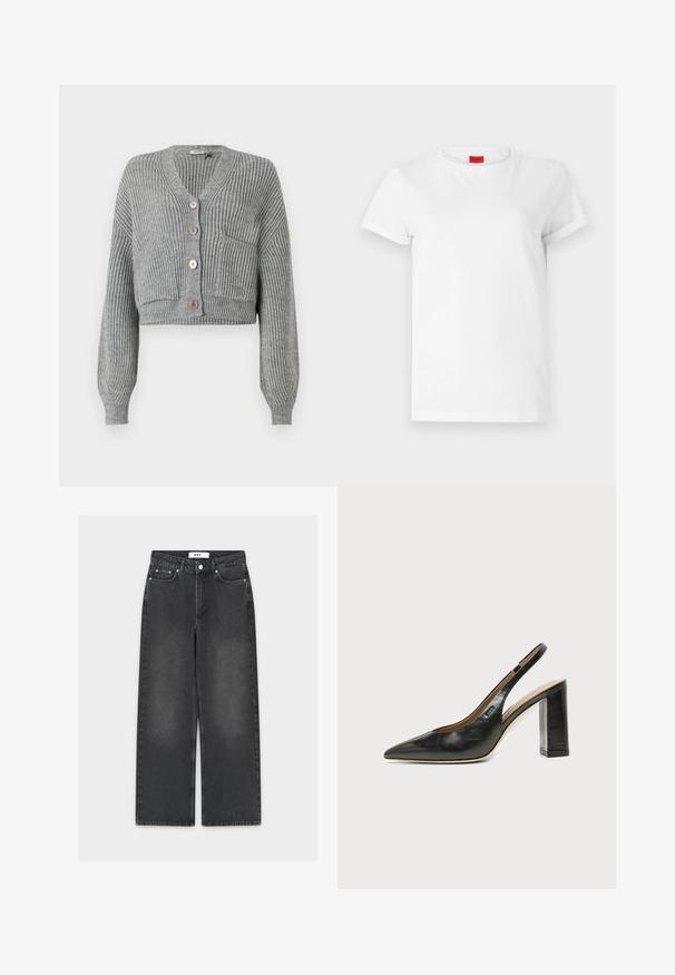 DRYKORN COOPIE - Cardigan - grey; Hvid kortærmet t-shirt lavet af letvægts bomuld. Har en rund halsudskæring og rullede ærmer. Rød logoetiket på kraven.; Sorte jeans med vide ben i denim med en falmet finish, der har lukning med knap og lynlås, fem-lomme-design og kontrasterende syninger.; Sort læder peep-toe slingback sko med høj blokhæl og beige indvendig foring mod en ensfarvet lys baggrund.