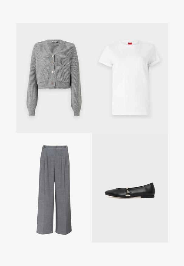 DRYKORN COOPIE - Chaqueta de punto - grey; Camiseta blanca de manga corta hecha de algodón ligero. Presenta un escote redondo y mangas enrolladas. Etiqueta de logo roja en el cuello.; Pantalones de pierna ancha gris, confeccionados en un tejido texturizado, con un cierre de doble botón y pliegues frontales que añaden un detalle de diseño adicional.; Zapato plano de piel negra con puntera redondeada y pequeño detalle de hebilla dorada en el lateral, mostrado sobre un fondo claro y liso.