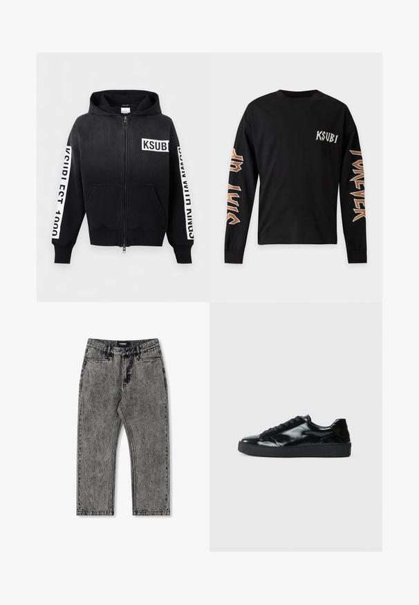 Schwarzer Kapuzenpullover mit Reißverschluss, Vordertaschen, weißem "KSUBI"-Logo auf der Brust und weißen Textstreifen auf beiden Ärmeln.; Schwarzes Langarmshirt mit weißem "Ksubi"-Text auf der Brust und großem, stilisiertem orangefarbenem Text auf jedem Ärmel mit den Aufschriften "Los Angeles" und "Forever."; Graue Denim-Jeans mit einem verranzten Finish, geradem Bein Design und fünf Taschen. Mit einem Etikett mit "FORMER" am Bund.; Schwarze Lackledersneaker mit runder Zehenform, Schnürdesign, strukturiertem Gummisohle und glatter Oberfläche.