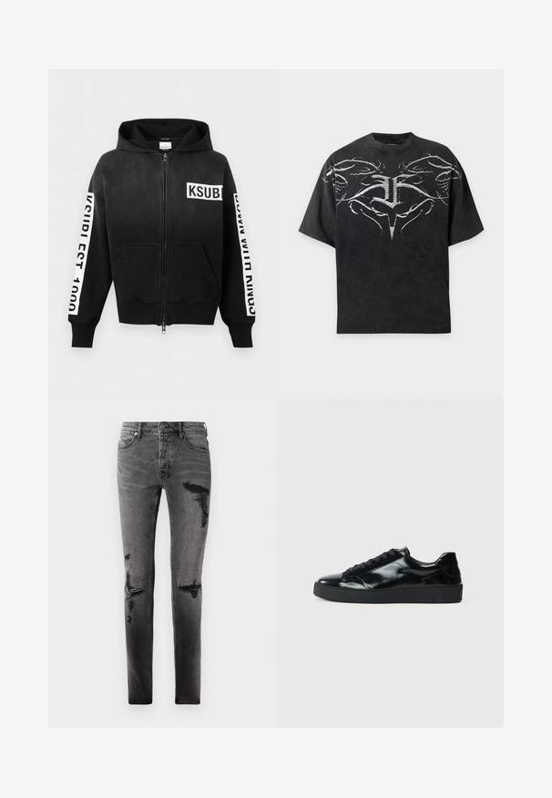 Sweat à capuche noir avec fermeture éclair, poches avant, logo "KSUBI" blanc sur la poitrine et bandes de texte blanches sur les deux manches.; T-shirt noir oversize avec un motif tribal abstrait symétrique blanc sur la poitrine et les épaules.; Jean en denim noir avec des détails déchirés, présentant une coupe slim, cinq poches et une fermeture éclair classique. Apparence usée avec des zones décolorées.; Baskets en cuir verni noir avec un bout arrondi, un laçage, une semelle en caoutchouc texturé et une finition lisse.