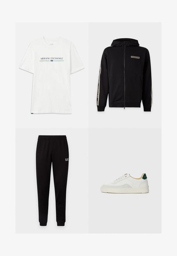 Sudadera negra con capucha y cremallera, mangas largas, bolsillos delanteros y logo EA7 Emporio Armani en el pecho y en las rayas de las mangas.; Camiseta de algodón blanca de manga corta, con un logo en azul y verde de "ARMANI EXCHANGE" y "1991" centrado debajo.; Pantalones de chándal negros con cinturilla elástica, piernas ajustadas y un pequeño logo blanco en la parte superior izquierda. Textura suave y diseño sencillo.; Zapatilla blanca con acentos de ante, puntera redondeada, cordones planos y suela de goma color crema. Presenta un logo verde en el talón.