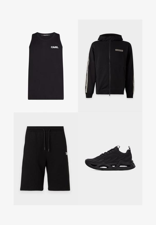 Čierna mikina na zips s kapucňou, dlhými rukávmi, vreckami vpredu a logom EA7 Emporio Armani na hrudi a na pruhoch rukávov.; Čierny bezrukávový top vyrobený z hladkej bavlny, s bielym logom "KARL" na ľavej strane hrude. Jednoduchý, rovný strih.; Čierne krátke nohavice po kolená s elastickým pásom a šnúrkou, s malým bielym logom na pravej stehne.; Čierna atletická teniska s textúrovaným zvrškom, šnurovaním, ťahacími pútkami na jazyku a päte a tvarovanou podrážkou s výrezmi.