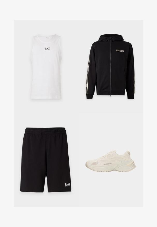 Sweat à capuche noir zippé, manches longues, poches avant et logo EA7 Emporio Armani sur la poitrine et les bandes des manches.; Débardeur blanc sans manches en coton, avec un logo noir EA7 sur la poitrine et un col rond. Texture lisse, design décontracté.; Shorts de sport noirs en tissu doux, avec une taille élastique et un petit logo blanc en bas à droite.; Chaussure de sport couleur crème avec des panneaux superposés en cuir et en mesh, semelle épaisse à motif gravé, et fermeture à lacets.