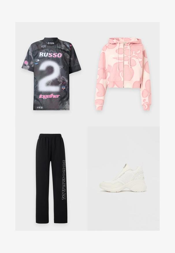 Kort glidelåshoodie laget av mykt stoff, med et abstrakt mønster i rosa og lyserosa, med snøring i hetten og lommer foran.; Kortermet jersey i svart med grafiske mønstre, med "2" i hvite prikker, rosa aksenter og flere logoer i forskjellige farger.; Svarte joggebukser med elastisk midjebånd og hvit prikkete "DREAM"-tekst som går vertikalt på høyre ben mot en ensfarget bakgrunn.; Hvite sportssko med glidelåslukking, meshpaneler, polstret såle og merkede detaljer på hælen, som gir et moderne design.