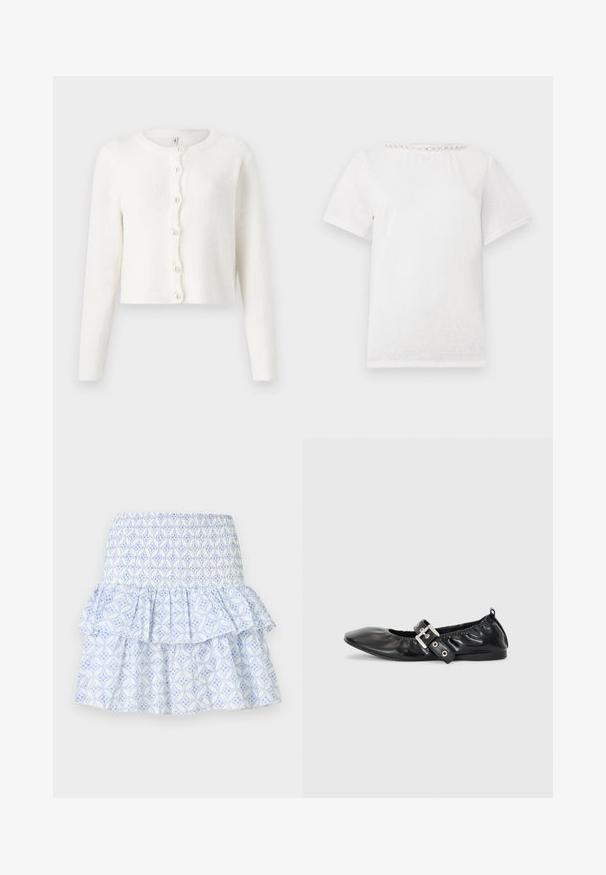 Cardigan blanc fabriqué en tissu doux et texturé. Présente un col rond, des manches longues et six boutons ressemblant à des perles sur le devant.; T-shirt blanc à manches courtes avec un col rond orné d'une rangée de perles décoratives le long du col.; Jupe blanche avec motif floral géométrique bleu, taille smockée et design à volants superposés.; Chaussure plate en cuir noir avec un nez pointu, des détails froncés autour de l'ouverture et un accent en boucle argentée sur la bride ajustable.