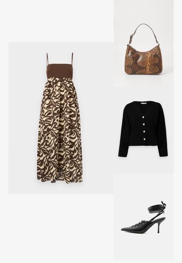 Sort cropped cardigan med V-hals, lange ærmer og fem guldknapper foran. Glat tekstur og skræddersyet pasform.; Brun og off-white trykt maxi-kjole med tætsiddende top, tynde stropper og udsvungne skirt, der har organisk bladmønster.; Sort spids sko med høje hæle, snørelukning foran og omlægning omkring anklerne bundet med sløjfe, vist fra siden på hvid baggrund.; Lille håndtaske med brun og sort slangeskinn mønster, kort justerbar rem og lynlåslukning.