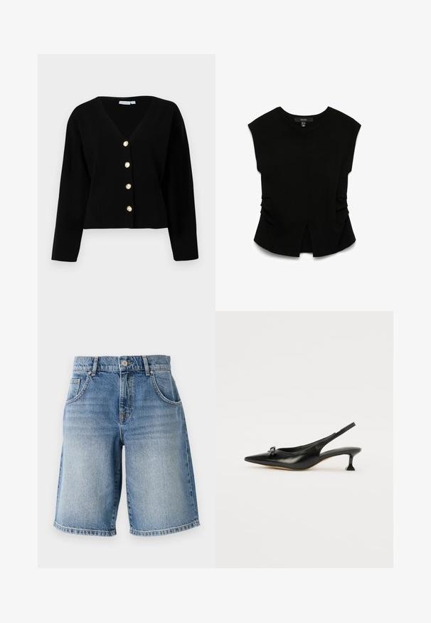 Sort cropped cardigan med V-hals, lange ærmer og fem guldknapper foran. Glat tekstur og skræddersyet pasform.; Sort ærmeløs strik top med brede skuldre, rund halsudskæring, let samlet sider og en front midterslids ved kanten.; Lysblå denimshorts med lige pasform, fem lommer og bronzefarvet hardware. Har en rå kant og en falmet vaskemæssig struktur.; Sort læder slingback-sko med spidse tå og lille blokhæl. Har en dekorativ sløjfedetalje på forfoden. Glat tekstur hele vejen igennem.