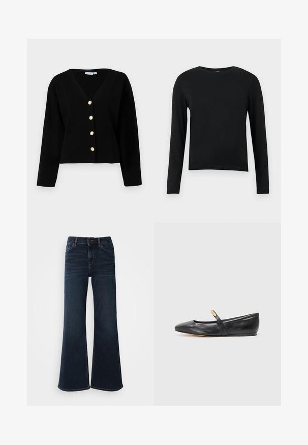 Zwarte cropped cardigan met een V-hals, lange mouwen en vijf gouden knopen aan de voorkant. Gladde textuur en getailleerde pasvorm.; Zwart shirt met ronde hals en lange mouwen, aansluitende mouwen, getoond tegen een effen lichtgrijze achtergrond.; Mos Mosh HERA - Flared Jeans - dark blue; Zwarte leren balletschoenen met een spitse neus, een slanke band en een klein gouden accent nabij de band. Gladde textuur en een lage hak.