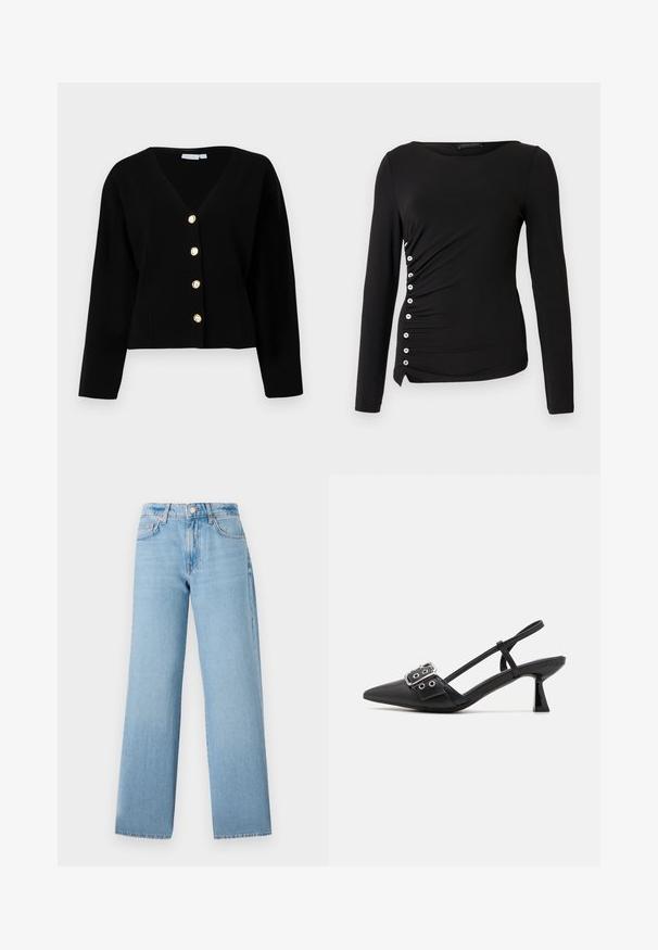 Zwarte cropped cardigan met een V-hals, lange mouwen en vijf gouden knopen aan de voorkant. Gladde textuur en getailleerde pasvorm.; Zwart shirt met lange mouwen en een ronde halslijn, met zijschelpjes en witte knoopdetails langs de linkerkant. Gladde stoftextuur.; Lichtblauwe wijde jeans gemaakt van denim, met een hoge taille, vijfzakken ontwerp en een knoopsluiting met een ritssluiting.; Simmi London DALA - Klassieke pumps - black