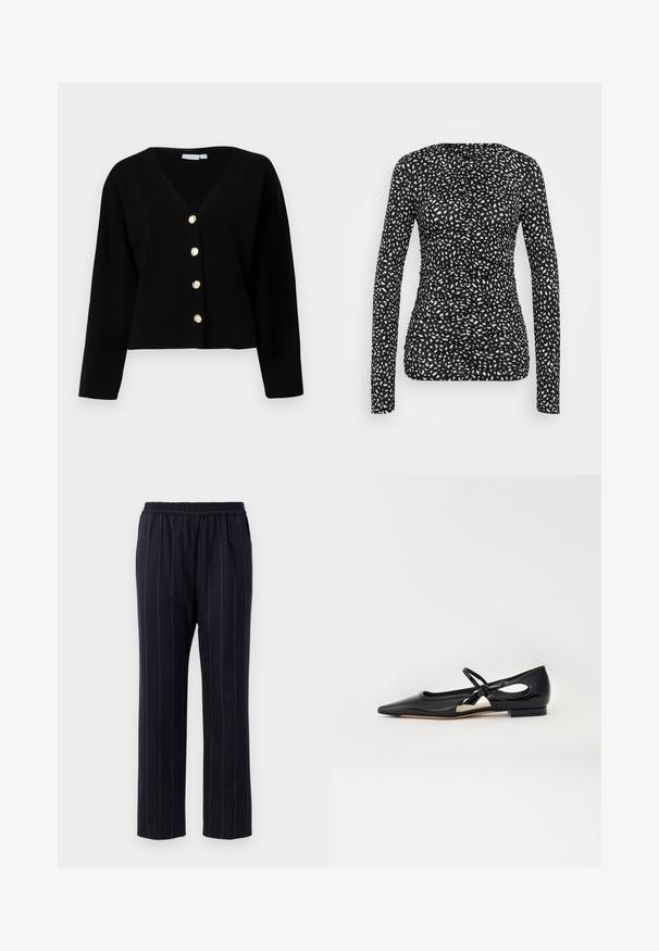 Cárdigan negro corto con cuello en V, mangas largas y cinco botones dorados en la parte delantera. Textura suave y corte entallado.; Camiseta de manga larga en negro con un patrón irregular de puntos blancos. Presenta un diseño fruncido con tejido texturizado, silueta ajustada y cuello redondo.; Pantalones de color azul marino con rayas verticales, cinturilla elástica, diseño de pierna recta, textura suave y sin bolsillos visibles.; Zapato plano de charol negro con punta afilada, lados abiertos y un detalle de lazo. Presenta un tacón bajo y una textura suave.
