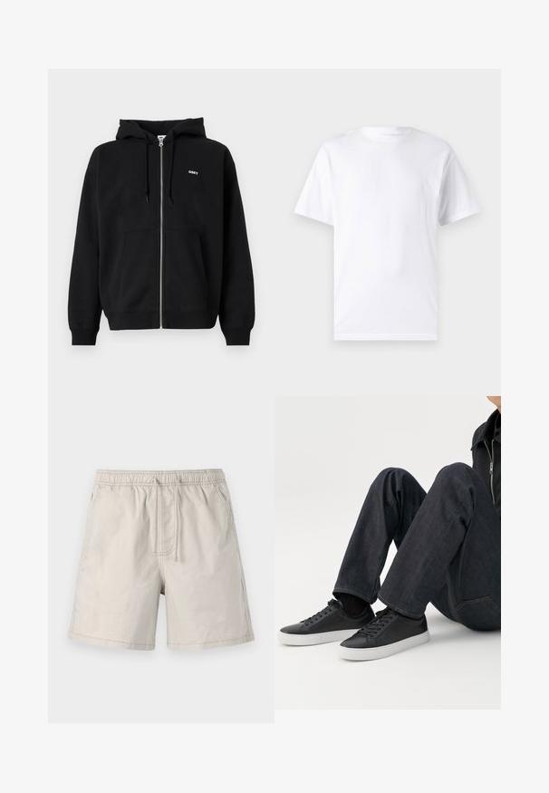 Sudadera con cremallera negra hecha de un tejido suave, que presenta un bolsillo tipo canguro en la parte frontal y un pequeño logo blanco "OBEY" en el pecho. Capucha ajustable con cordón.; Camiseta blanca de manga corta hecha de algodón con cuello redondo, que presenta una textura suave y un diseño simple sin patrones ni acentos.; Pantalones cortos beiges hechos de una tela ligera, con cinturilla elástica, cordón y bolsillos laterales con costuras en contraste.; Persona sentada con las piernas dobladas, vistiendo vaqueros azul oscuro y zapatillas bajas negras con suelas blancas sobre un fondo blanco.
