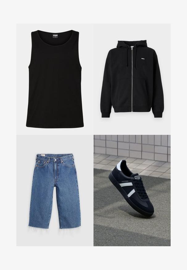 Zwarte zip-up hoodie gemaakt van zachte stof, met een voorste kangoeroezak en een klein wit "OBEY"-logo op de borst. Verstelbare trekkoordcapuchon.; Zwarte tanktop gemaakt van zachte katoenstof. Beschikt over een ronde halslijn en ruime armsgaten, zonder zichtbare patronen of accenten.; Blauwe denim broek met een losse pasvorm, cropped lengte en een rafelige zoom. Heeft vijf zakken en een knoopsluiting bij de taille.; Zwarte leren sneaker met witte strepen, een gestructureerde rubberen zool en vetersluiting aan de voorkant. Voorzien van een merklabel op de tong.