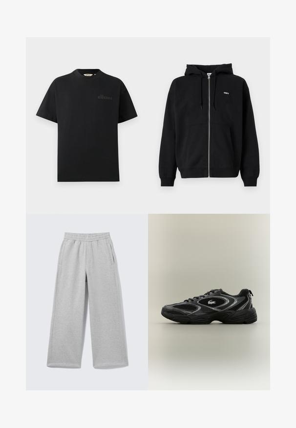 Čierna mikina na zips z mäkkého materiálu s predným kloktacím vreckom a malým bielym logom "OBEY" na hrudi. Kapucňa so sťahovacou šnúrkou.; Čierne bavlnené tričko so štandardným okrúhlym výstrihom a krátkymi rukávmi. Na hrudi má jemne vyrazené logo.; Svetlosivé široké teplákové nohavice s elastickým pásom a bočnými vreckami zobrazené na jednofarebnom pozadí.; Čierne a šedé atletické tenisky s sieťkovými panelmi, šnurovací dizajn, hrubá podrážka a malá krokodílová logo na boku.