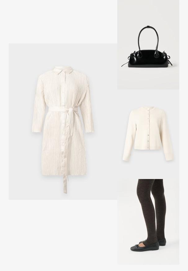 Crème katoenmengsel cardigan met een ronde hals, lange mouwen en een knoopsluiting aan de voorkant. Heeft een ribgebreide zoom en manchetten.; Ivoorkleurige jurk met lange mouwen, een knoopsluiting aan de voorkant, een ceintuur op taillehoogte en een textuur met plooien. Heeft een klassieke kraag en een zachte glans.; Benen met donkere geribbelde leggings gecombineerd met zwarte ballerina's met kleine strikdetails op een witte achtergrond.; Kleine zwarte glanzende handtas met twee lange hengsels en zijkant trekkoord details op een effen lichte achtergrond.