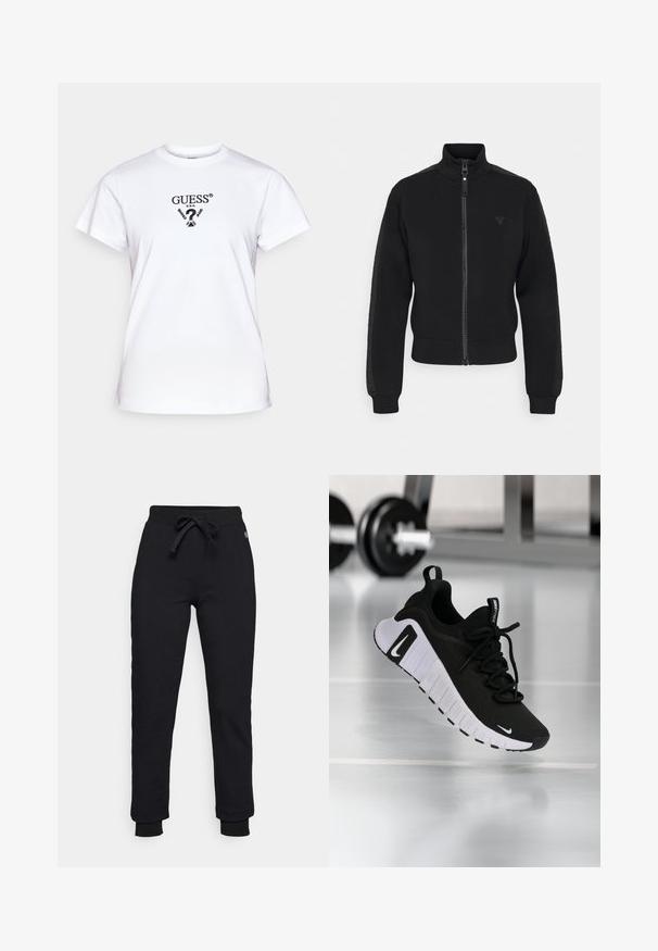 Sweatshirt zippé noir avec un col haut, des manches longues et des poignets côtelés ; présente un petit logo sur le devant. Texture de tissu doux.; T-shirt en coton blanc avec un col rond, des manches courtes et un imprimé graphique noir avec le texte "GUESS® U.S.A." sur le devant.; Pantalons de survêtement noirs avec une taille à cordon de serrage, des poignets côtelés et un logo discret sur la hanche. Fabriqués en matériau doux et extensible.; Chaussure de sport noire avec une tige en tissu texturé, une semelle blanche et un système de laçage prononcé. Présente un logo Nike et un design doux et rembourré.